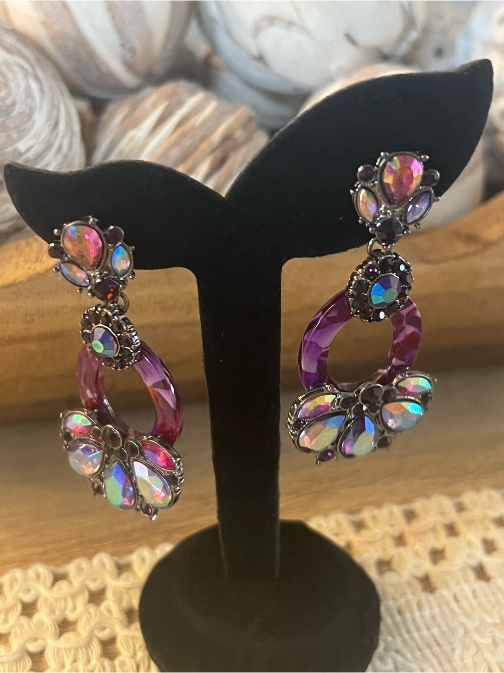Vintage  Crystal Drop Hoop Earrings - Iridescent Accents